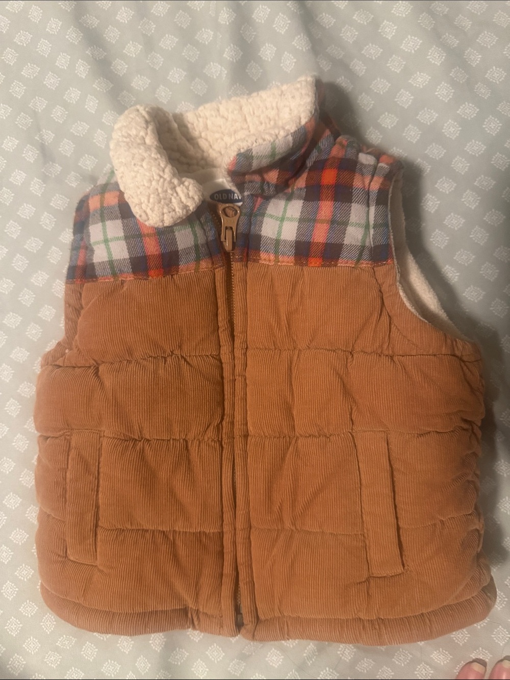 Old Navy Tan Corduroy Sherpa-Trimmed Plaid Yoke Vest